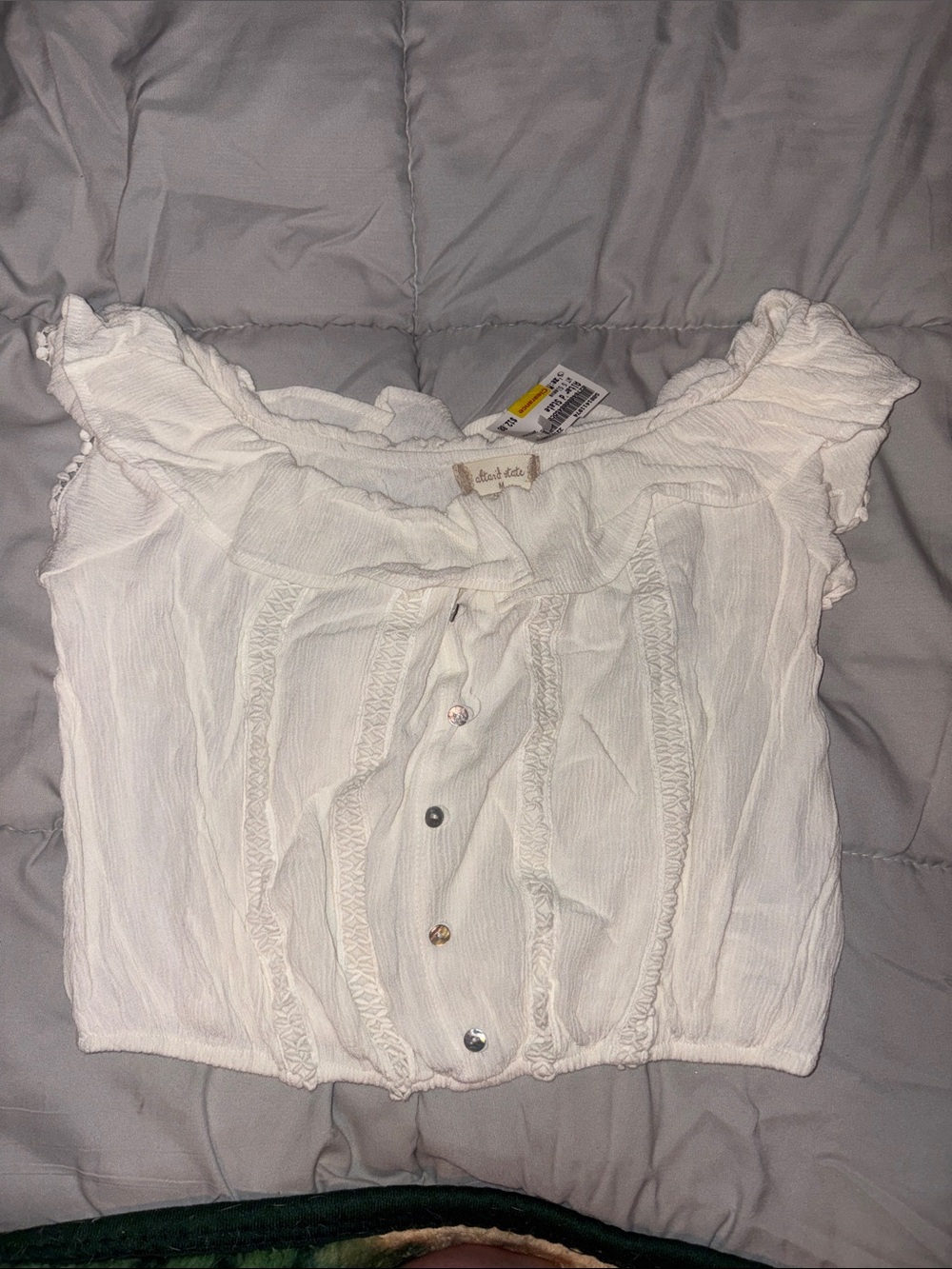 White Off-Shoulder Ruffle Button Front Top - Altar’d State